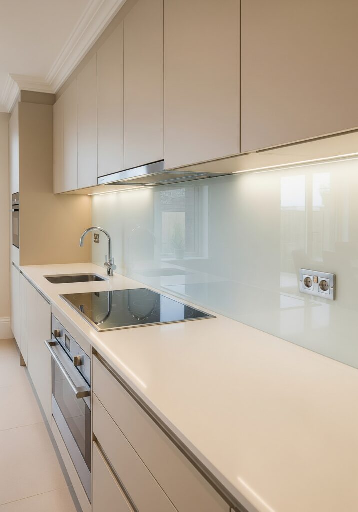Modern kitchen with custom glass splashback. Glaziers Perth install stylish glass panels for kitchens & shower screens. Sleek design.
