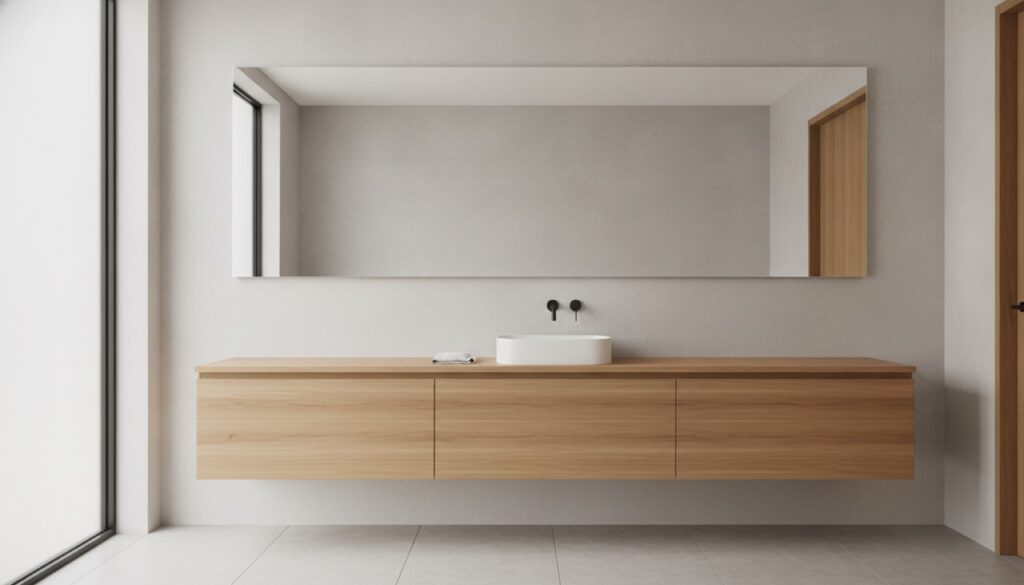 Large rectangular bathroom mirror mounted at eye level above a floating timber vanity