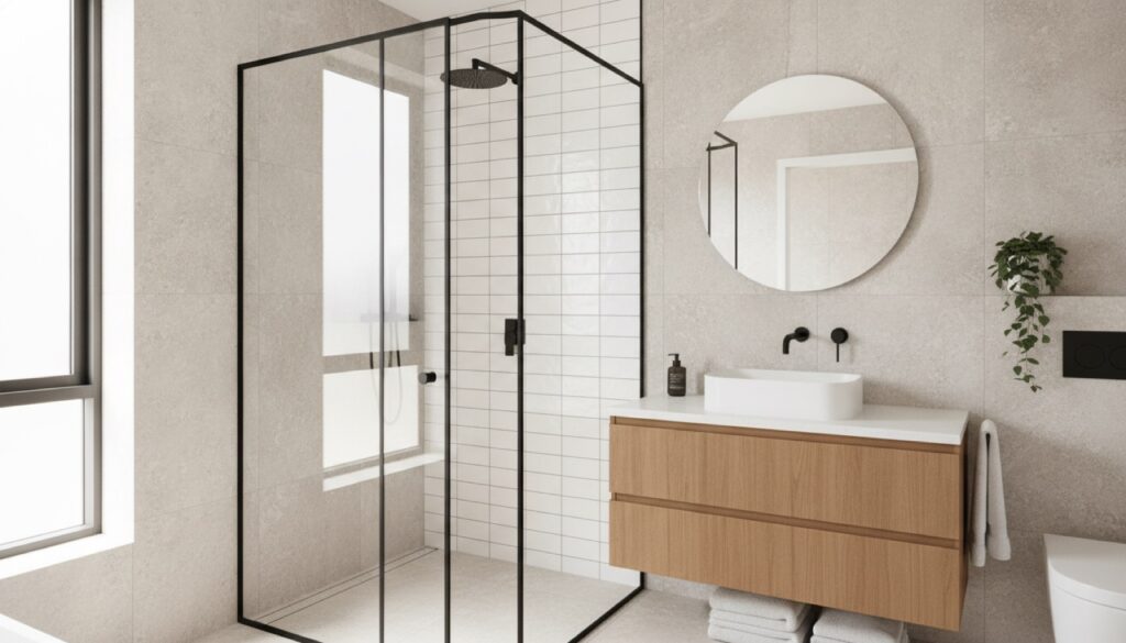 Black framed glass shower screen in a modern Perth bathroom with matte black tapware and a timber vanity