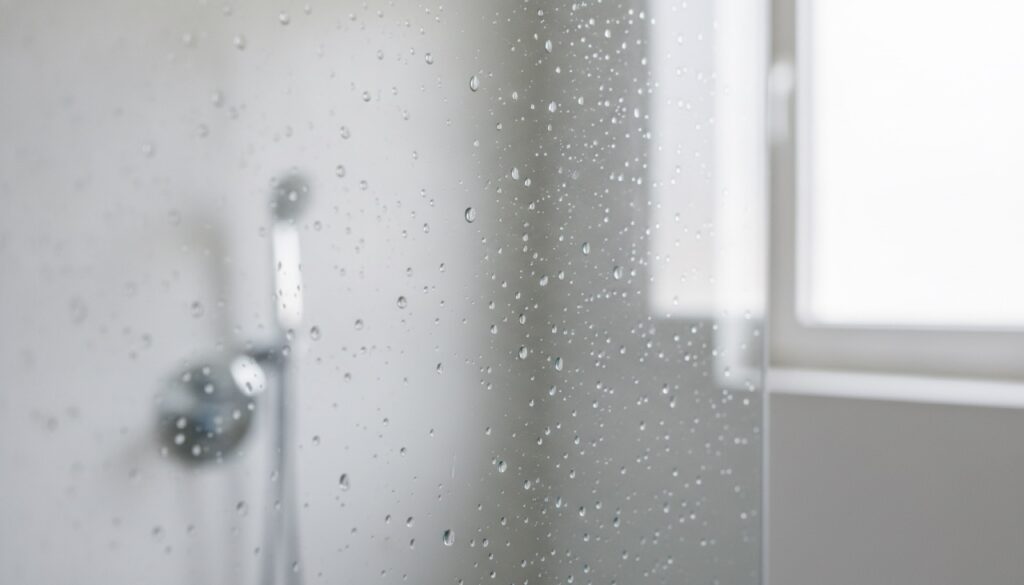 Water beading and rolling off a protective-coated frameless glass shower screen